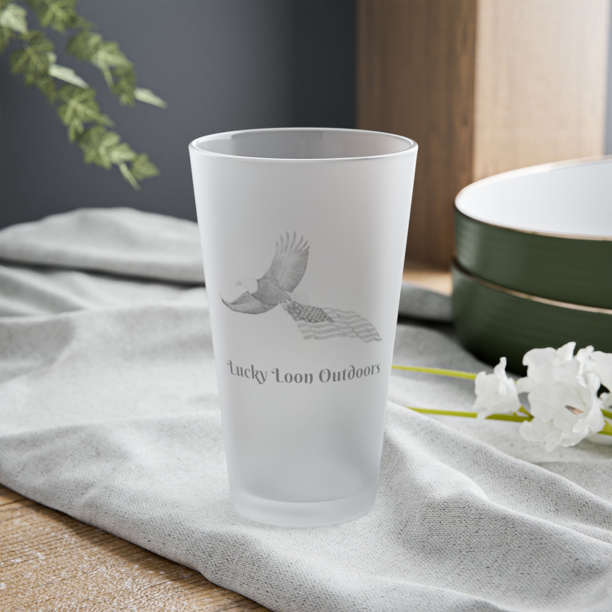 Lucky Loon Outdoors Frosted 16oz Pint Glass — Hand-Drawn Eagle & Flag Beer Glass