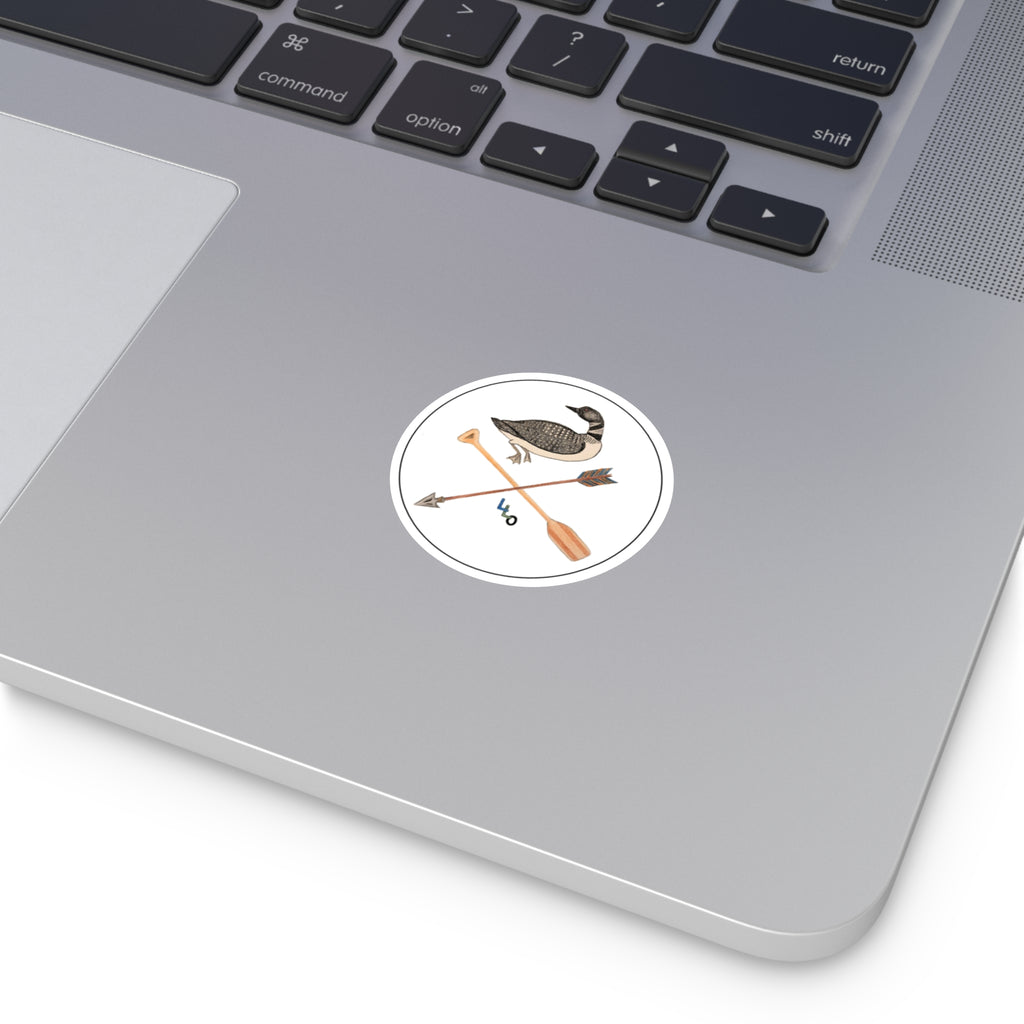 Lucky Loon Outdoors-Loon & Crossed Paddle Arrow Round Vinyl Sticker — Rustic Lakeside Outdoor Decal