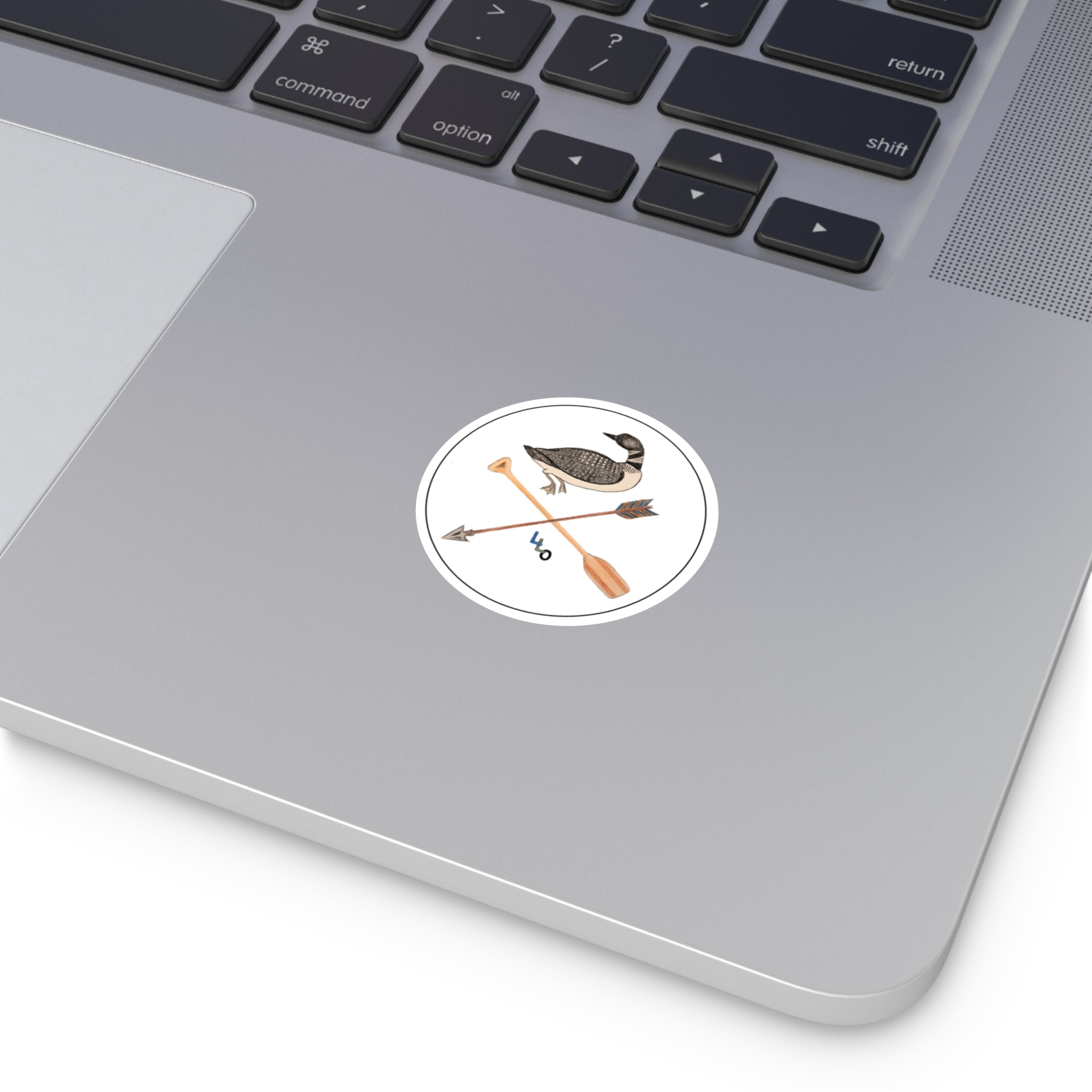 Lucky Loon Outdoors-Loon & Crossed Paddle Arrow Round Vinyl Sticker — Rustic Lakeside Outdoor Decal