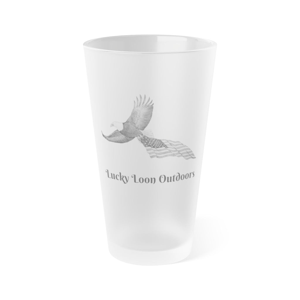 Lucky Loon Outdoors Frosted 16oz Pint Glass — Hand-Drawn Eagle & Flag Beer Glass