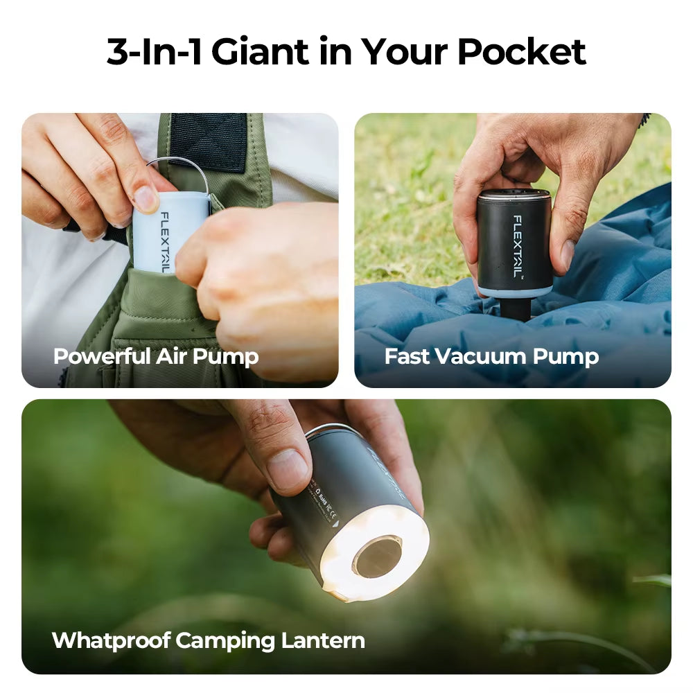 FLEXTAIL TINY PUMP 2X - 4Kpa Portable Air Pump with Camping Light and 1600Mah Battery, Infaltion/Deflation/Lighting