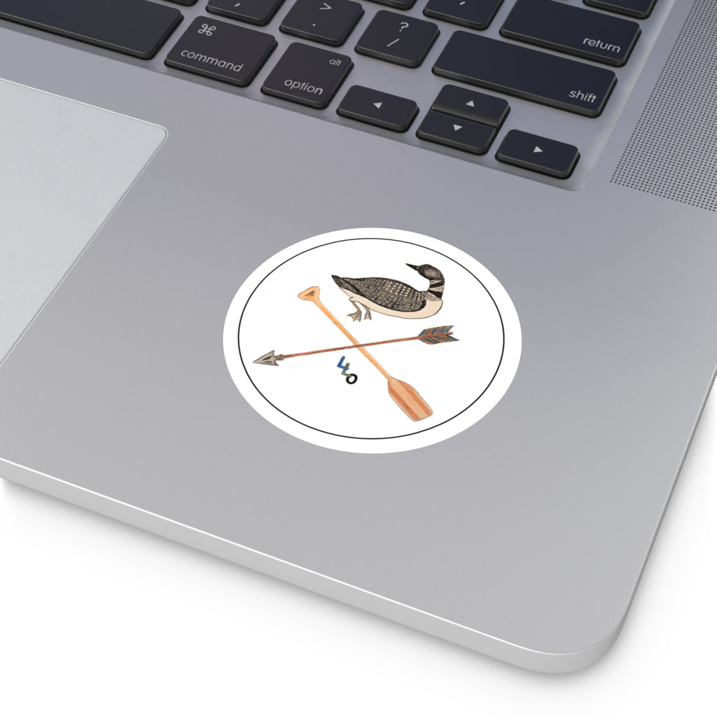 Lucky Loon Outdoors-Loon & Crossed Paddle Arrow Round Vinyl Sticker — Rustic Lakeside Outdoor Decal