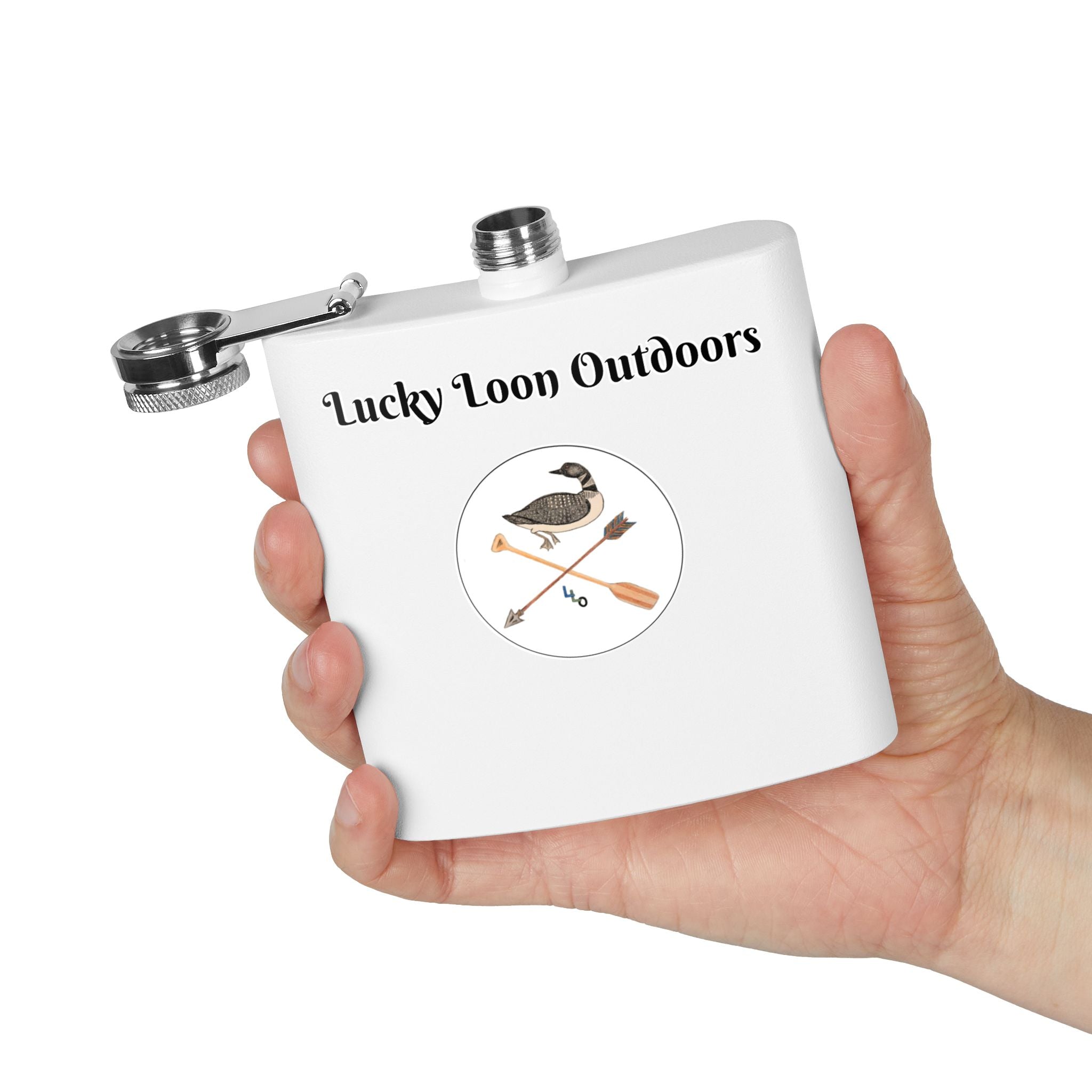 Lucky Loon Outdoors Stainless Steel Flask — Hand-Drawn Logo (6oz) — Hiking & Camping Flask