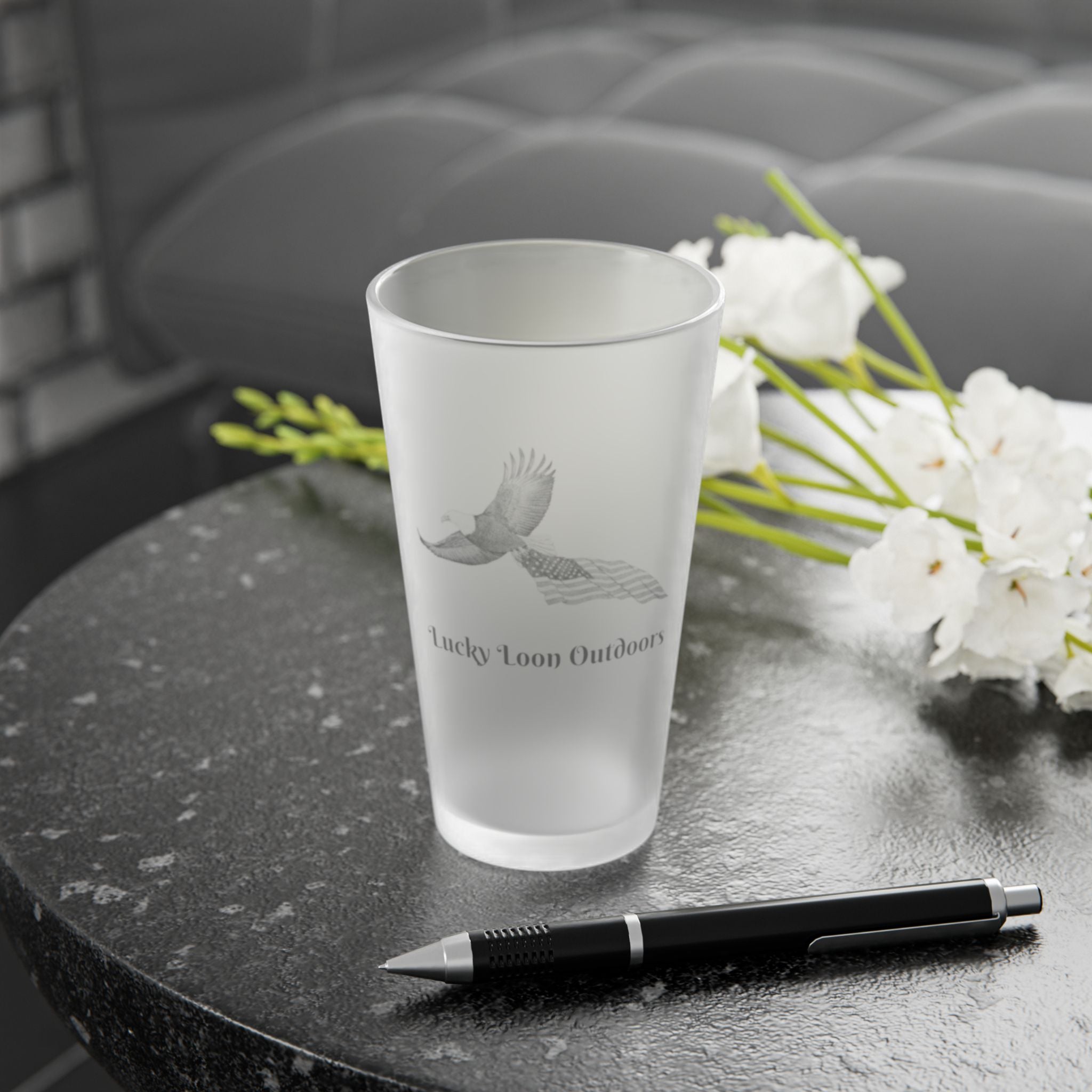 Lucky Loon Outdoors Frosted 16oz Pint Glass — Hand-Drawn Eagle & Flag Beer Glass