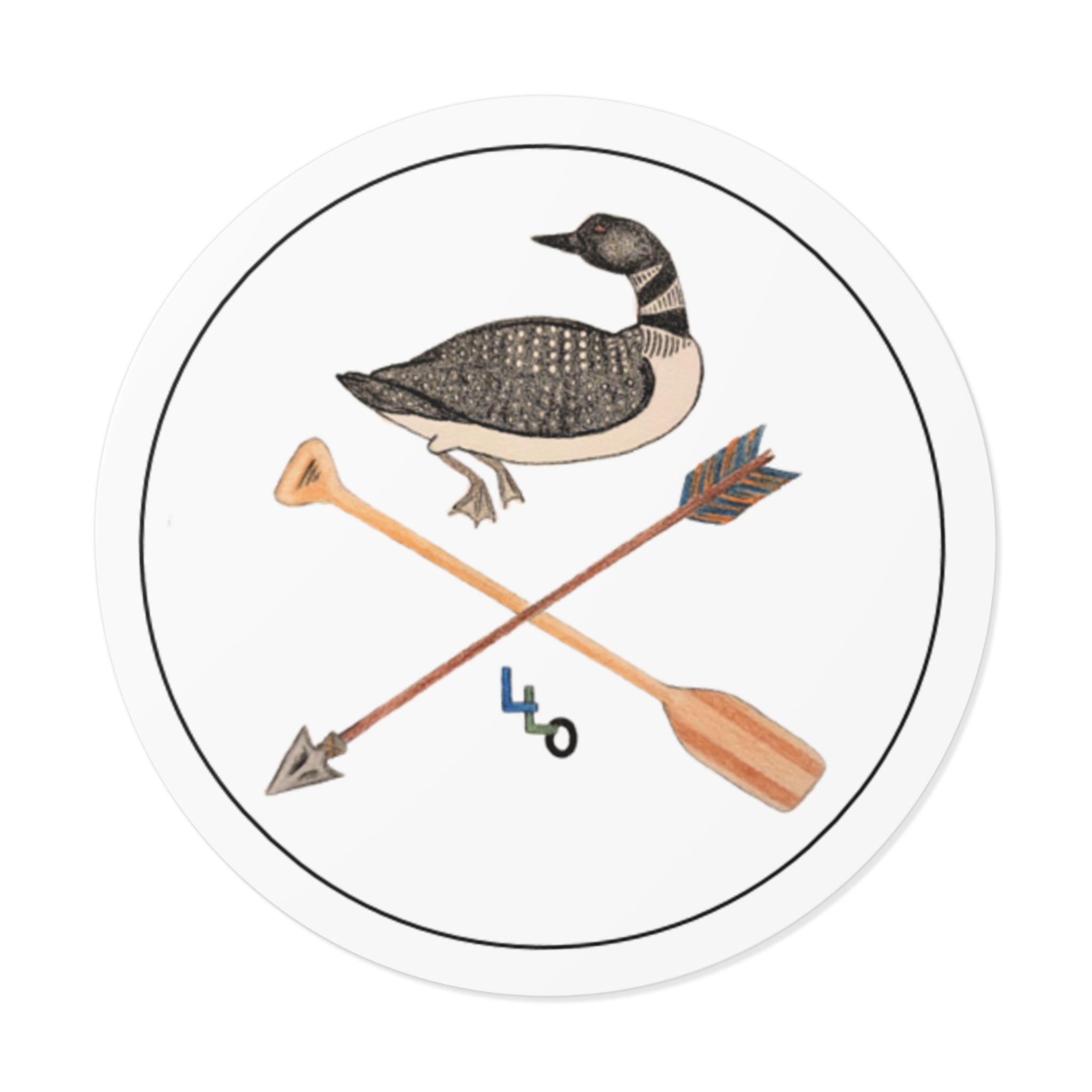 Lucky Loon Outdoors-Loon & Crossed Paddle Arrow Round Vinyl Sticker — Rustic Lakeside Outdoor Decal